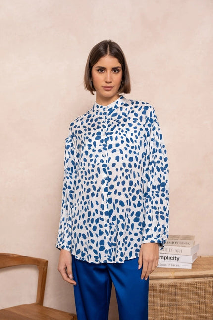 Leopard Print Shirt with Officer Collar Blue