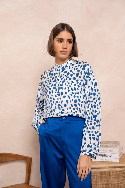 Leopard Print Shirt with Officer Collar Blue