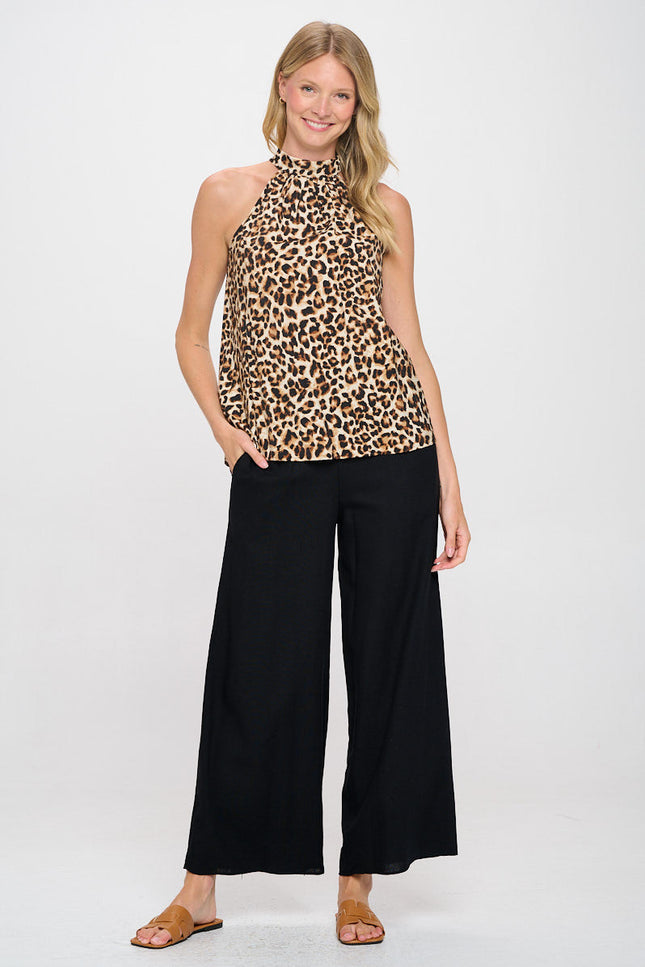 Leopard Print Sleeveless Top with Tie Neck-4