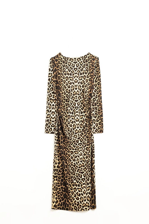 Leopard Print Spandex Dress with Pleat Detail At the Waist