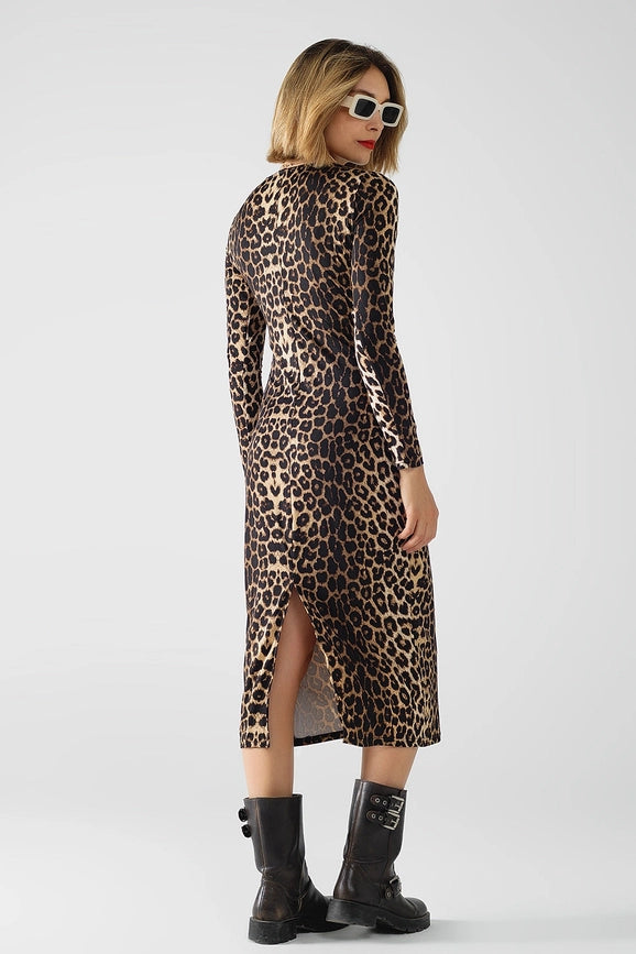 Leopard Print Spandex Dress with Pleat Detail At the Waist