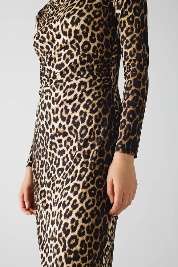 Leopard Print Spandex Dress with Pleat Detail At the Waist