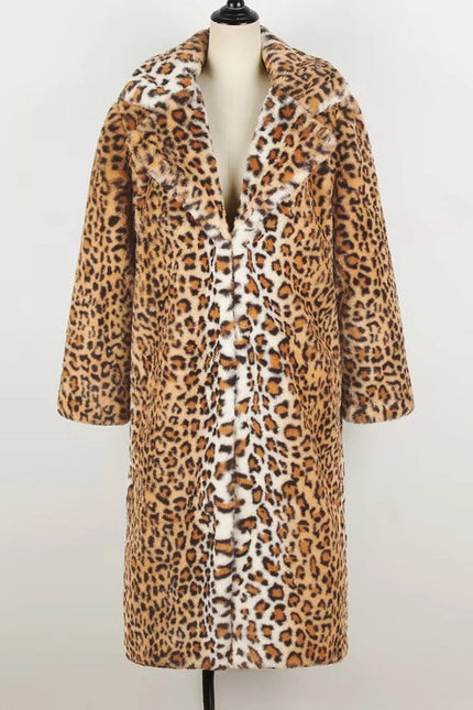 Leopard Print Suit Collar Midi Faux Fur Thermal Jacket