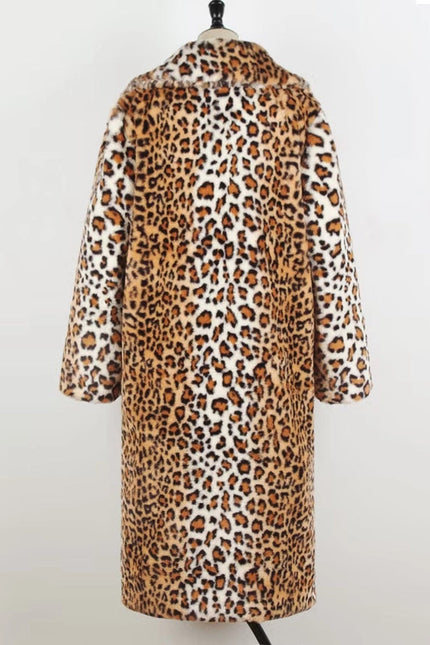 Leopard Print Suit Collar Midi Faux Fur Thermal Jacket