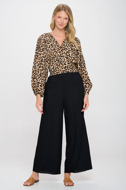 Leopard Print V neck Top with Smock Detail-4