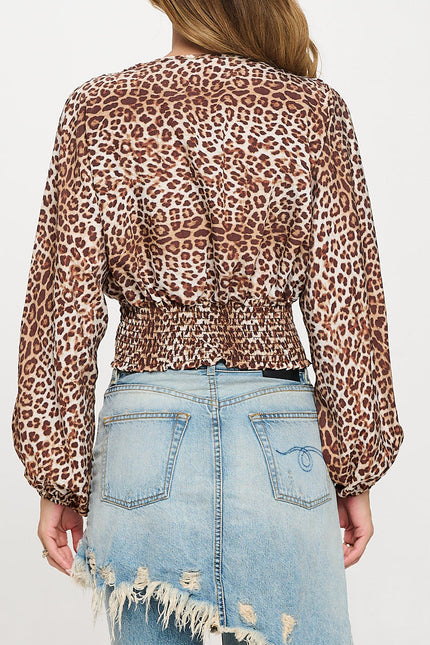 Leopard Print V neck Top with Smock Detail-4