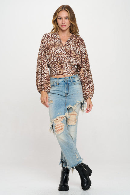 Leopard Print V neck Top with Smock Detail-5