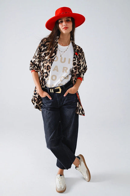 Leopard Shirt with Red Button Placket and Red Sleeves Detail