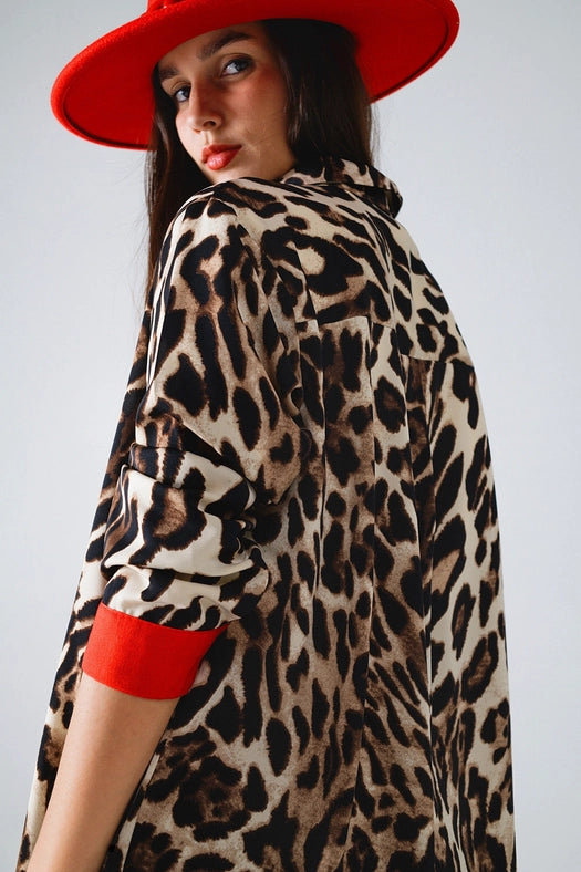 Leopard Shirt with Red Button Placket and Red Sleeves Detail