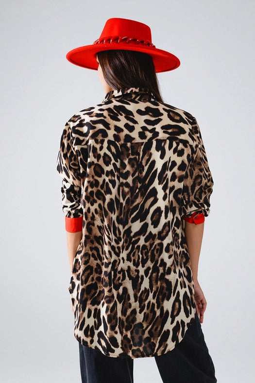 Leopard Shirt with Red Button Placket and Red Sleeves Detail