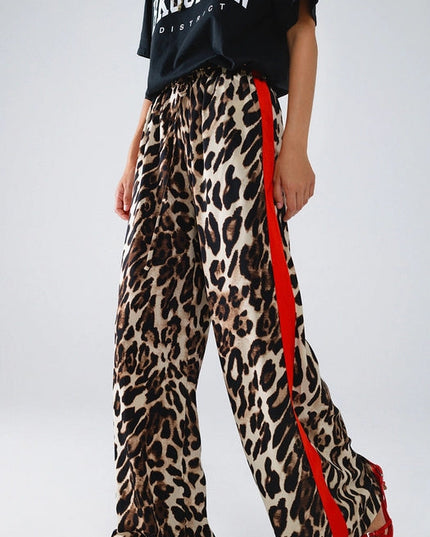 Leopard Straight Pants with Red Stripes Down the Sides