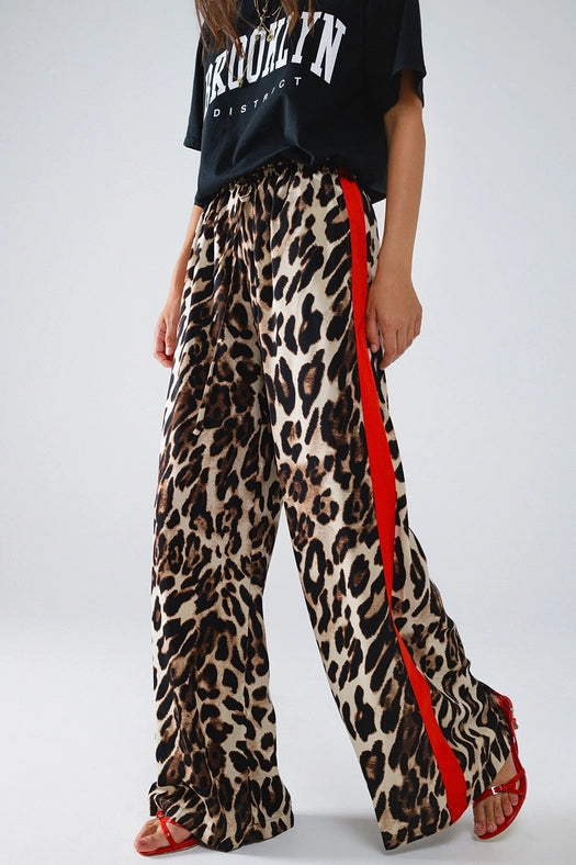 Leopard Straight Pants with Red Stripes Down the Sides