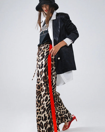 Leopard Straight Pants with Red Stripes Down the Sides