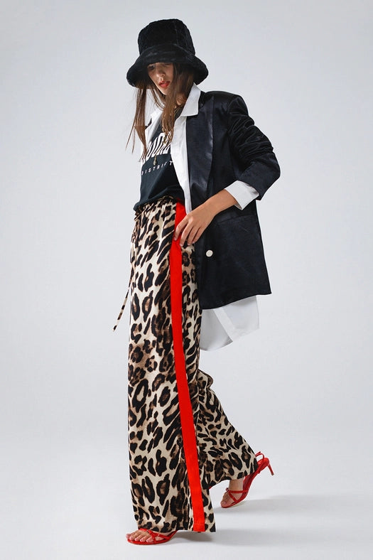 Leopard Straight Pants with Red Stripes Down the Sides