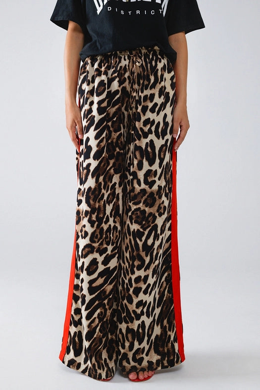 Leopard Straight Pants with Red Stripes Down the Sides