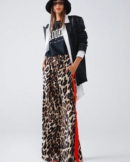 Leopard Straight Pants with Red Stripes Down the Sides