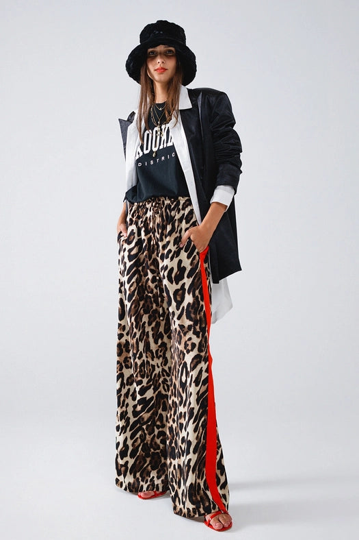 Leopard Straight Pants with Red Stripes Down the Sides