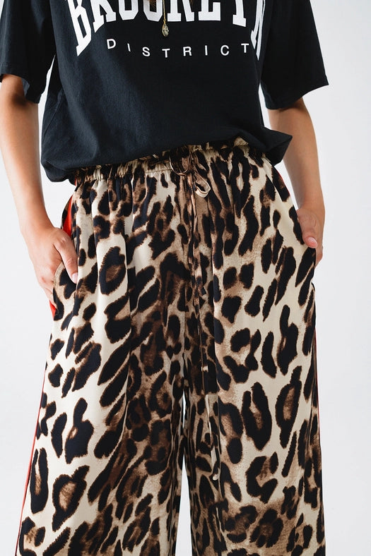 Leopard Straight Pants with Red Stripes Down the Sides