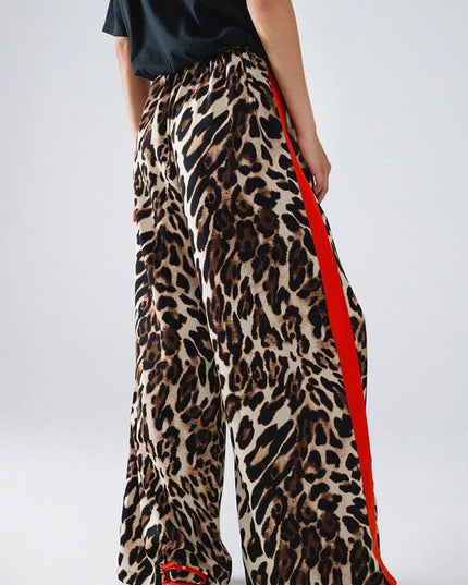 Leopard Straight Pants with Red Stripes Down the Sides