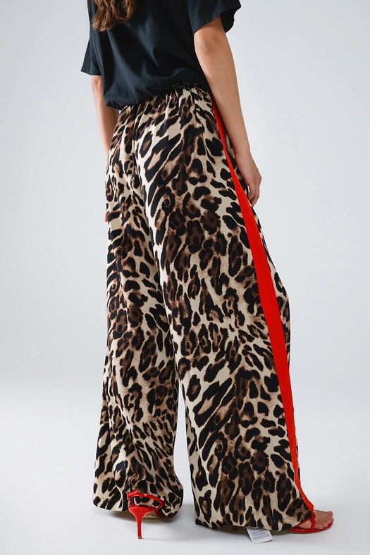 Leopard Straight Pants with Red Stripes Down the Sides