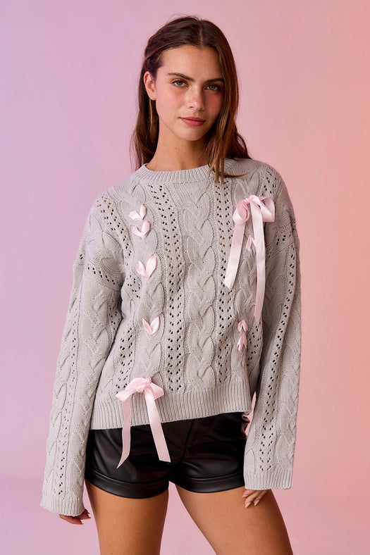 Lia Cable Knit Lace Up Sweater Grey