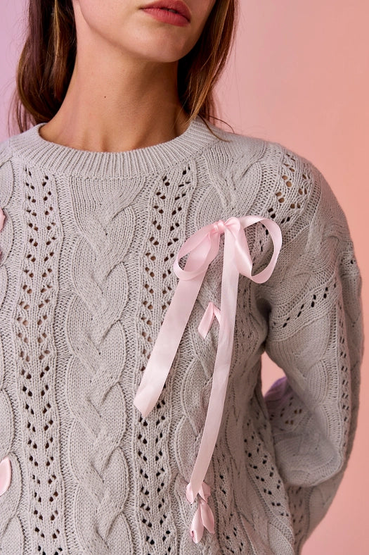 Lia Cable Knit Lace Up Sweater Grey