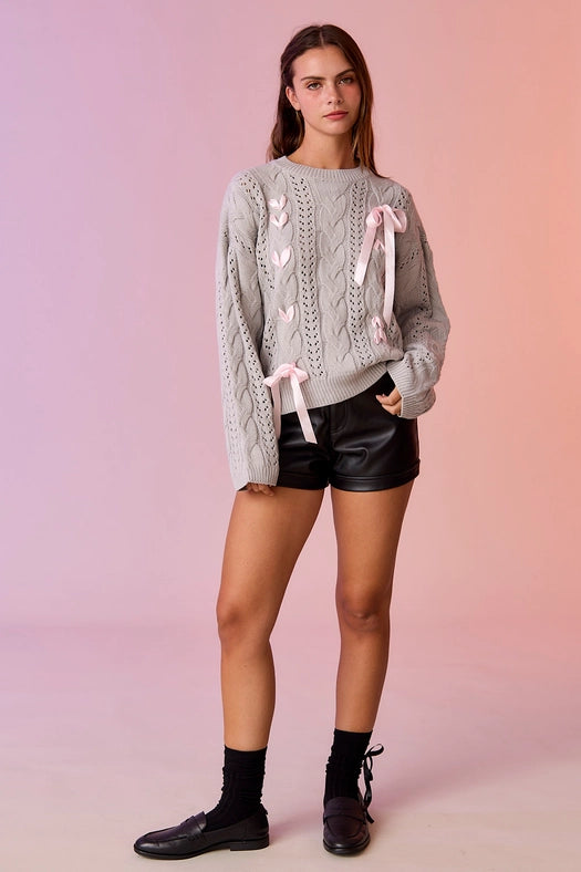 Lia Cable Knit Lace Up Sweater Grey