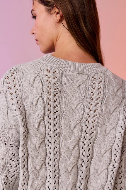 Lia Cable Knit Lace Up Sweater Grey