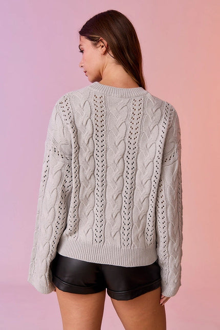 Lia Cable Knit Lace Up Sweater Grey