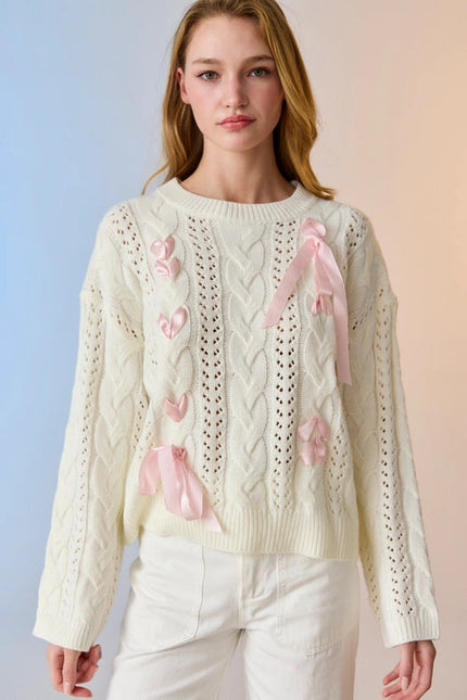 Lia Cable Knit Lace Up Sweater Ivory