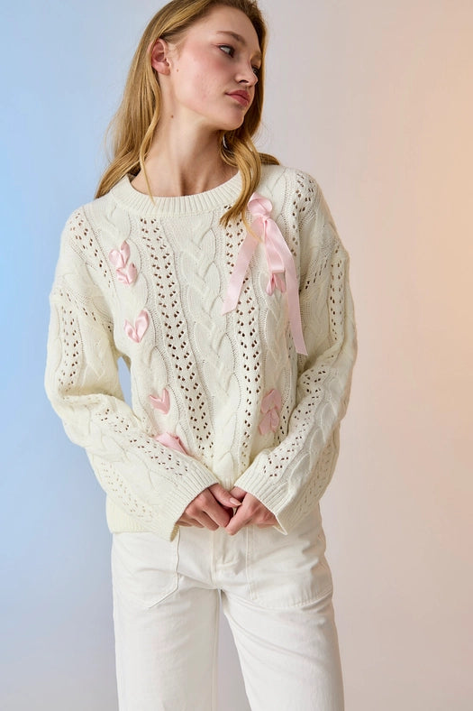 Lia Cable Knit Lace Up Sweater Ivory