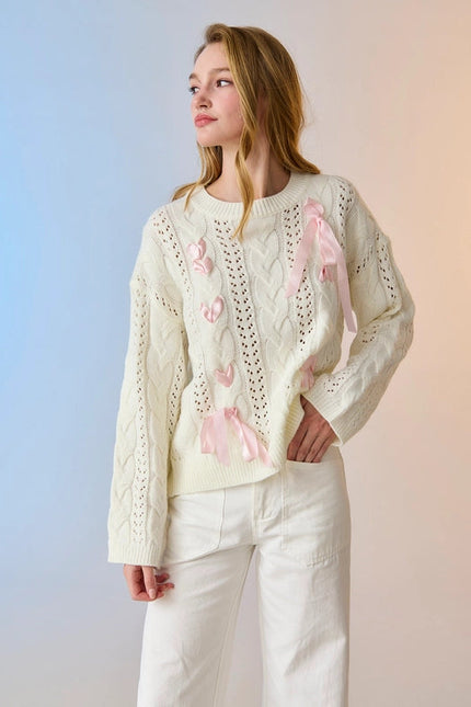 Lia Cable Knit Lace Up Sweater Ivory