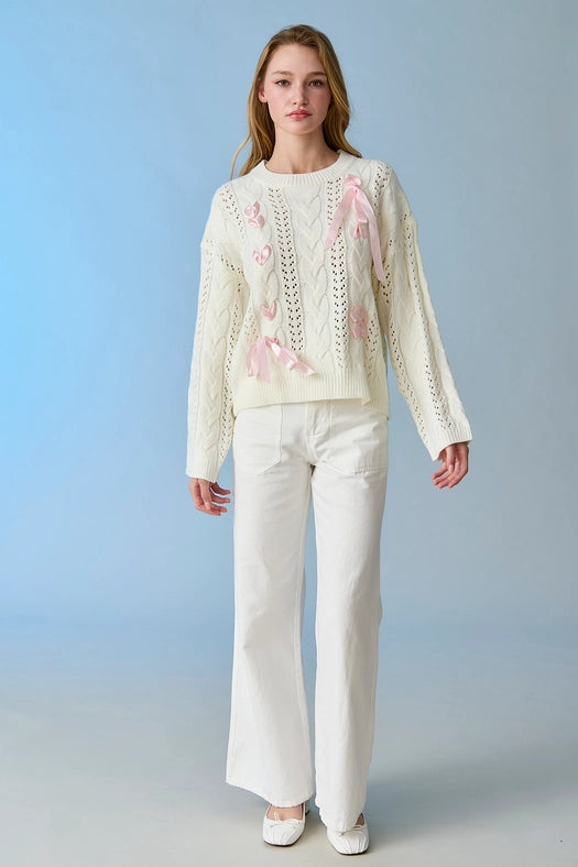 Lia Cable Knit Lace Up Sweater Ivory