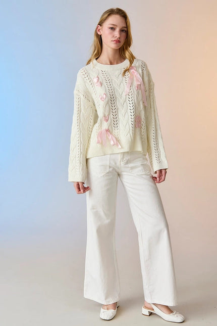 Lia Cable Knit Lace Up Sweater Ivory