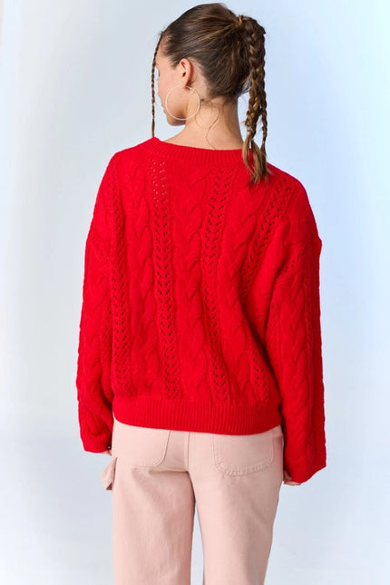 Lia Cable Knit Lace Up Sweater Red