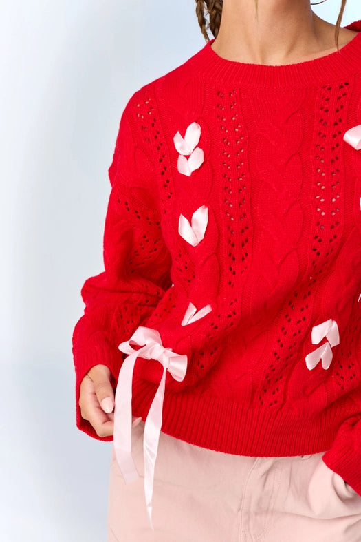 Lia Cable Knit Lace Up Sweater Red