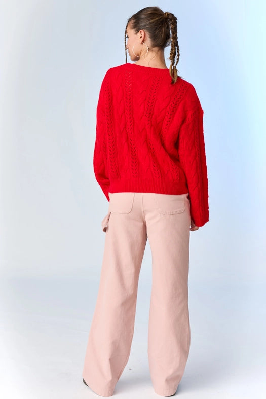 Lia Cable Knit Lace Up Sweater Red