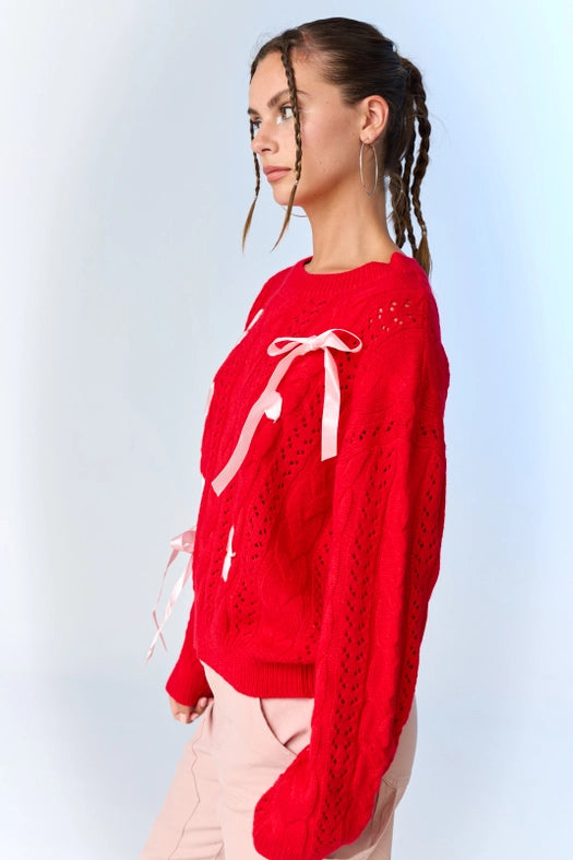 Lia Cable Knit Lace Up Sweater Red