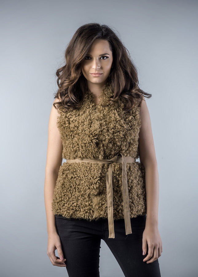 Light Brown Genuine Merino Shearling Vest-0