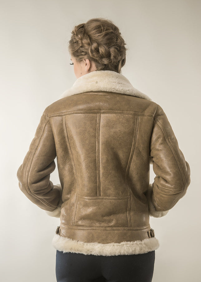 Light Brown Shearling Leather Biker Jacket with Merino Fur-2