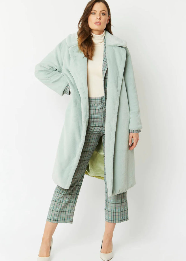 Light Green Faux Fur Midi Shaved Shearling Coat-1