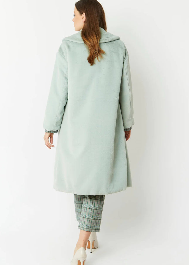 Light Green Faux Fur Midi Shaved Shearling Coat-3