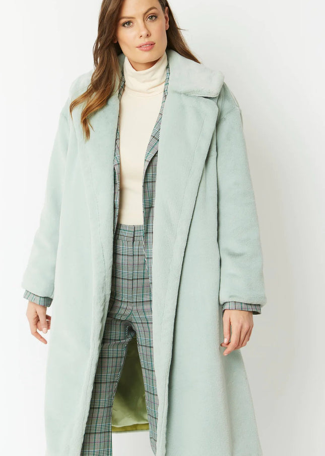 Light Green Faux Fur Midi Shaved Shearling Coat-0