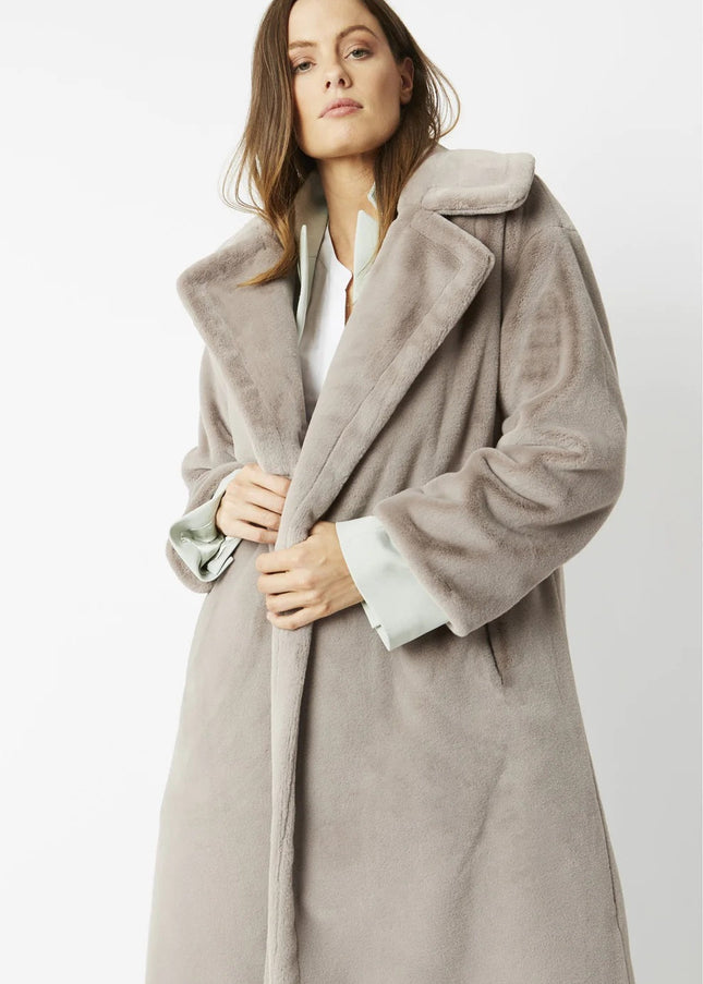 Light Grey Faux Fur Midi Shaved Shearling Coat-1