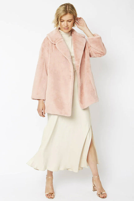 Light Pink Faux Fur Midi Coat-0