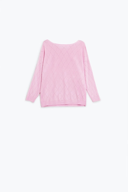 Light Pink Sweater in Argyle Print with Boat Neck