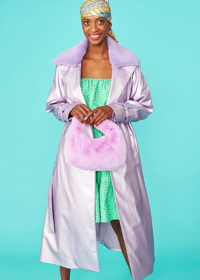 Lilac Faux Suede Metallic Maxi Trench Coat-2