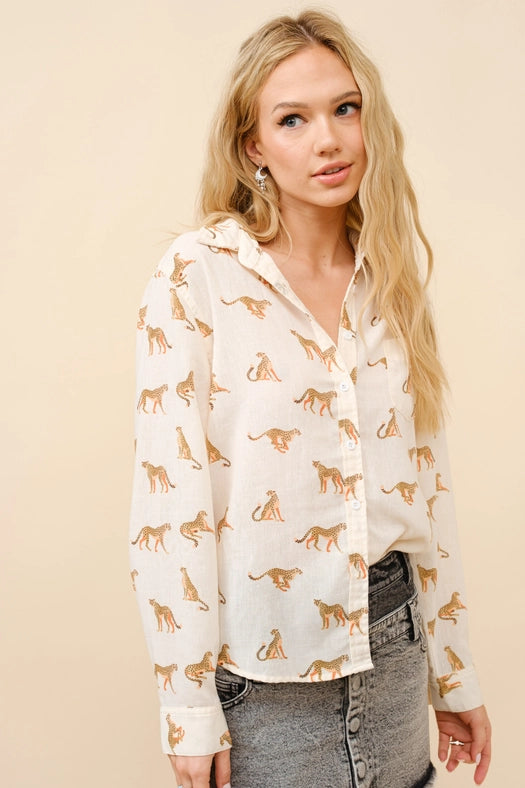 Linen Blend Cheetah Button Up Shirt Blouse