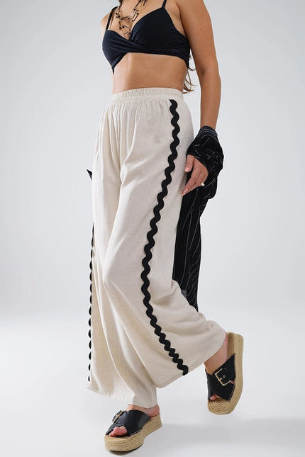 Linen Contrast Scallop Trim Pants in Beige