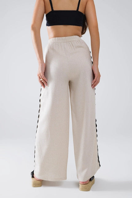 Linen Contrast Scallop Trim Pants in Beige